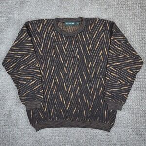 Vintage Tundra Mens XL Zigzag Knit Sweater Long Sleeve Crew‎ Neck Brown